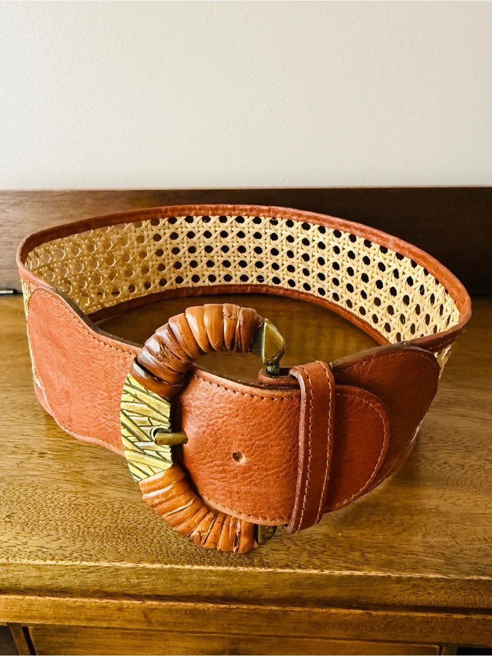 Vintage 80s LE COURIER Italy Woven Rattan/Cane and Leather Corset Boho Belt S/M